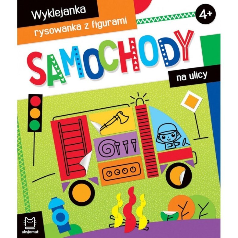 Okładka książki „Samochody na ulicy” – kolorowa wyklejanka z figurami, strażacki wóz i sygnalizacja świetlna.
