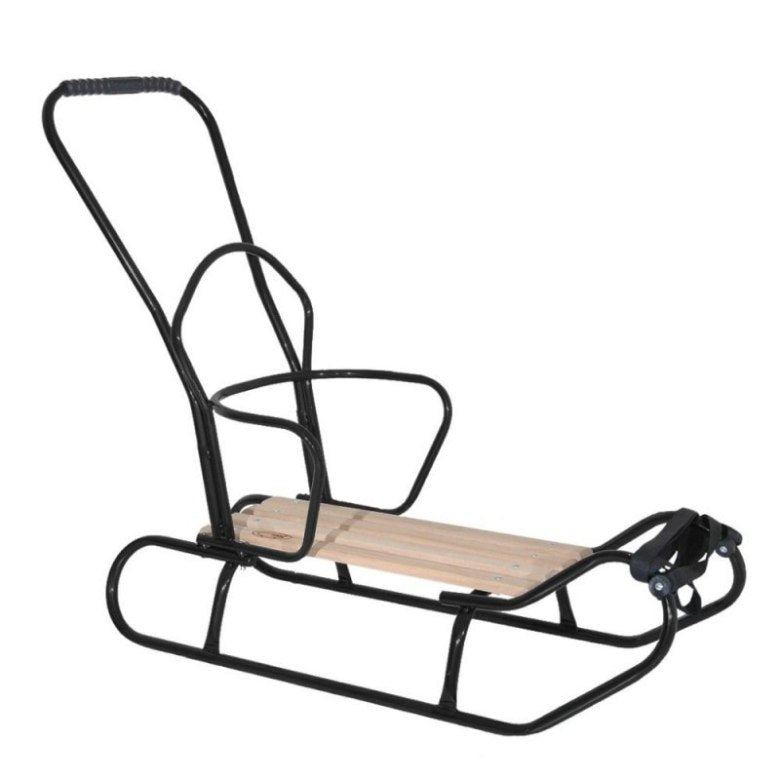 Metalowe sanki dla dzieci z pchaczem w kolorze czarnym, z drewnianym siedziskiem i stabilną konstrukcją