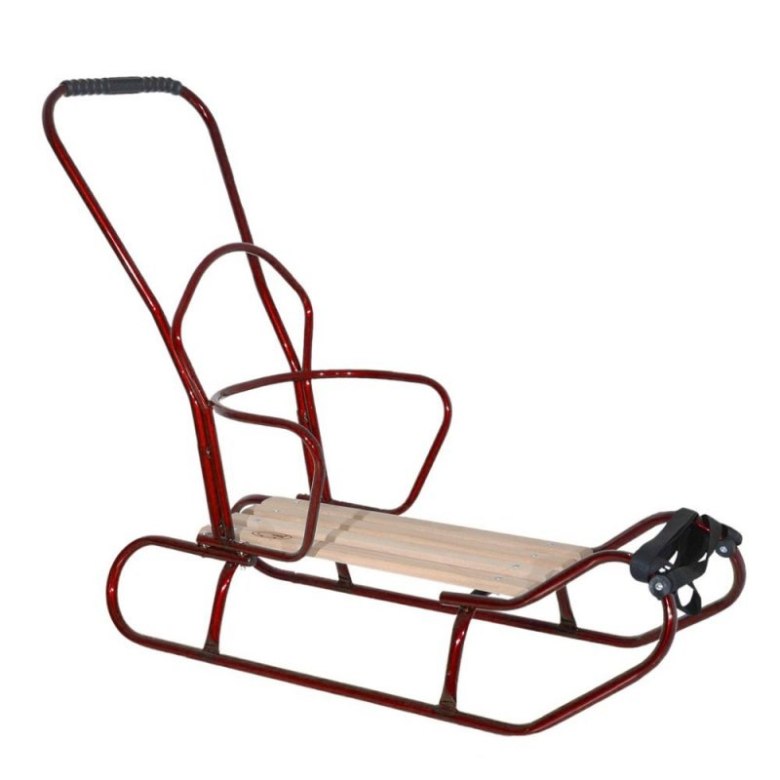 Czerwone sanki z pchaczem i drewnianym siedziskiem dla dzieci, solidna stalowa konstrukcja idealna na zimę
