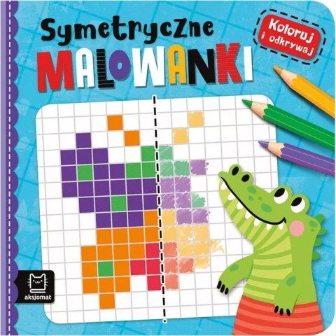 Okładka książeczki Symetryczne Malowanki z krokodylem i rysunkiem do kolorowania
