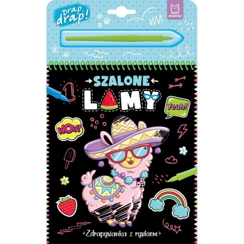 Zdrapywanka „Szalone Lamy” z rysikiem – kolorowa lama w okularach i sombrero na czarnej okładке.
