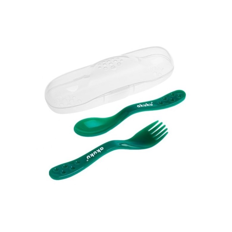 Sztućce w etui zielone AKUKU – widelec i łyżeczka w zestawie podróżnym ALA0074