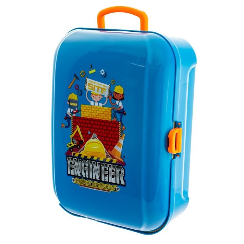 Niebieska walizka zabawkowa z nadrukiem Engineer – zestaw budowlany dla dzieci z uchwytem i zamknięciem
