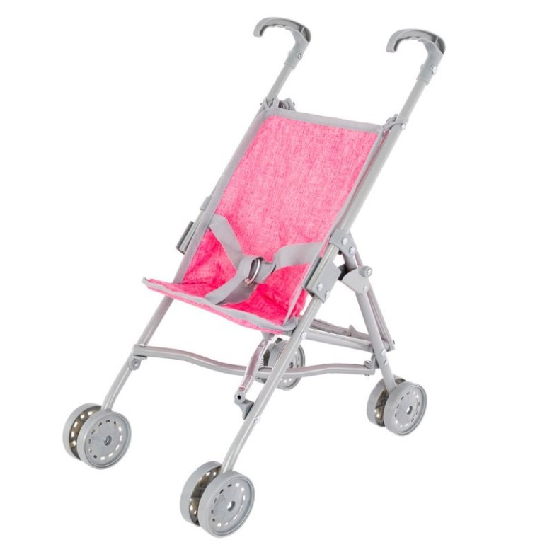 Składany wózek dla lalek w jasnoróżowym kolorze z pasem bezpieczeństwa i metalową ramą – idealny dla małych dziewczynek