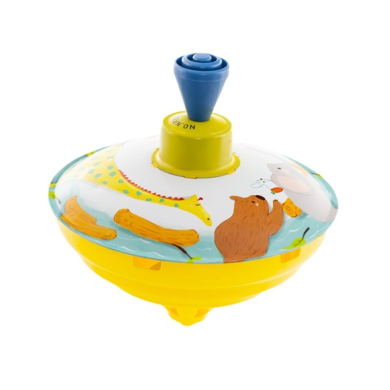 Kolorowy bączek dla dzieci z rysunkami zwierząt, wykonany z metalu i plastiku, idealny do zabawy i rozwijania koordynacji