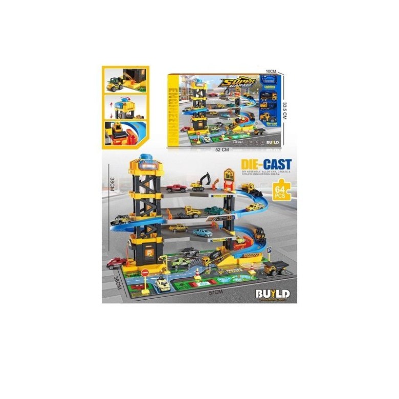 Zabawka garaż Die-Cast Build – duży parking z windą, autkami i akcesoriami budowlanymi, zestaw 64 elementy dla dzieci