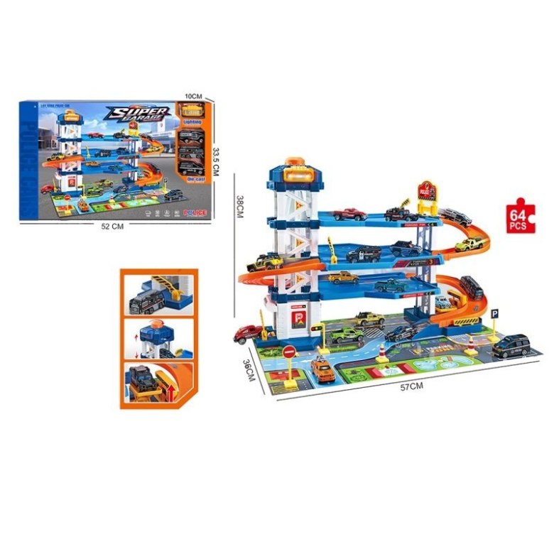 Zabawka garaż Die-Cast City – duży niebiesko-pomarańczowy parking z windą i samochodzikami, zestaw 64 elementy dla dzieci