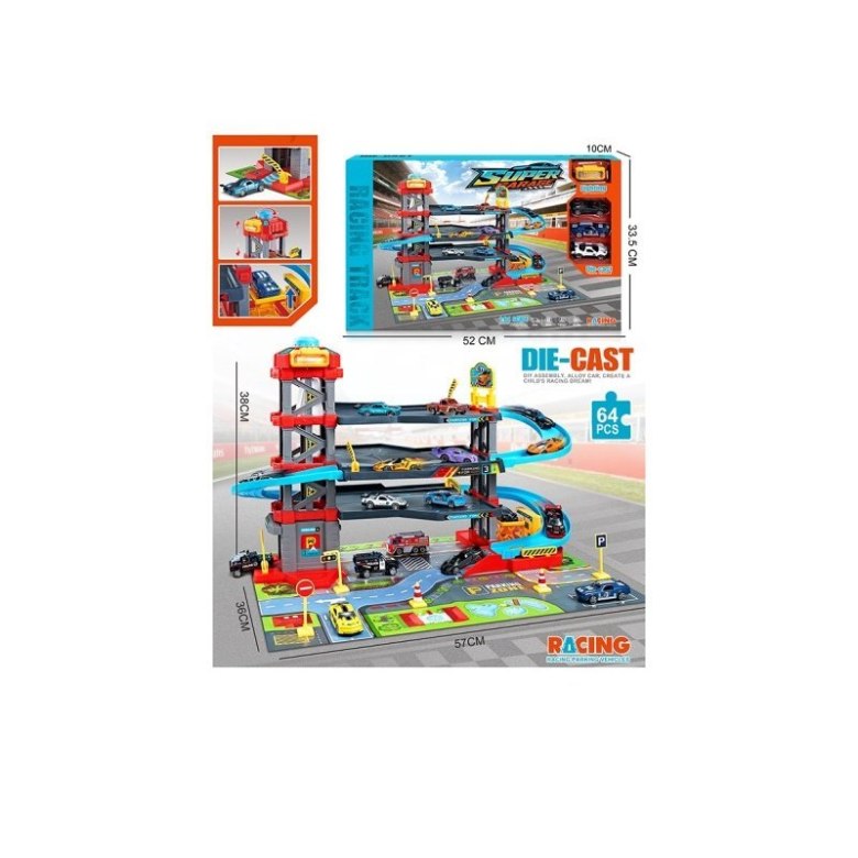 Zabawka garaż Die-Cast Racing – wielopoziomowy parking z windą i samochodzikami, tor wyścigowy 64 elementy dla dzieci
