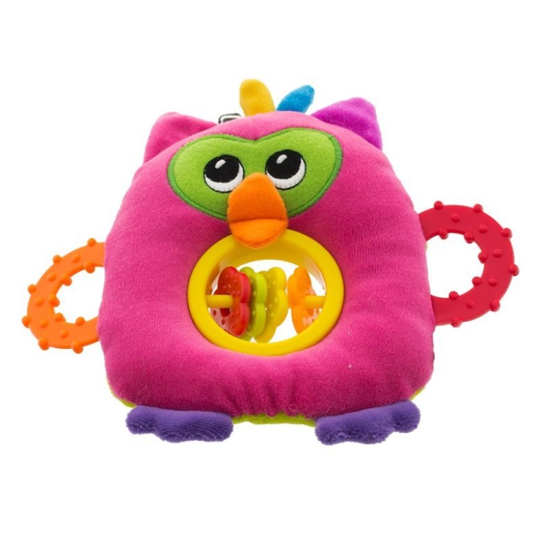 Kolorowa pluszowa sowa z grzechotką i gryzakami – edukacyjna zabawka dla niemowląt
