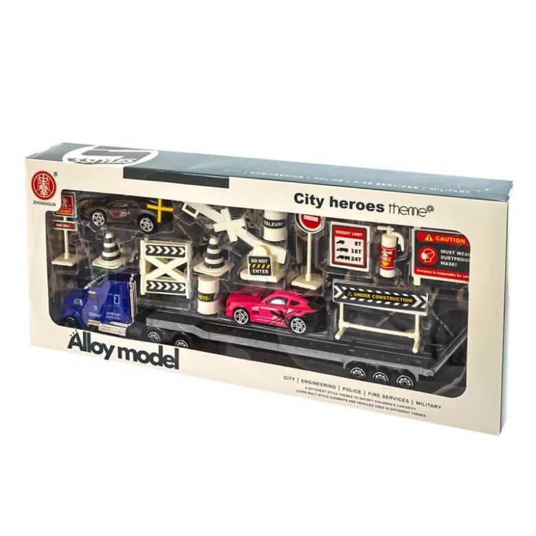 Zestaw z lawetą, samochodami i znakami drogowymi City Heroes – realistyczna zabawka dla małych fanów motoryzacji