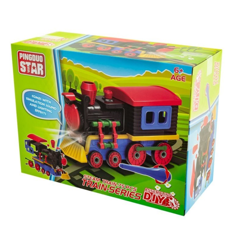 Kolorowa lokomotywa Pingduo Star w pudełku, zabawka dla dzieci z efektami świetlnymi i dźwiękowymi, seria DIY Train