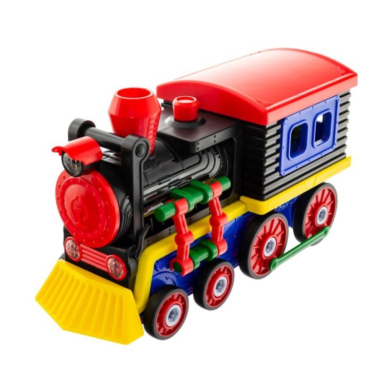 Kolorowa zabawka lokomotywa dla dzieci z ruchomymi elementami, w czerwono-żółto-niebieskich barwach