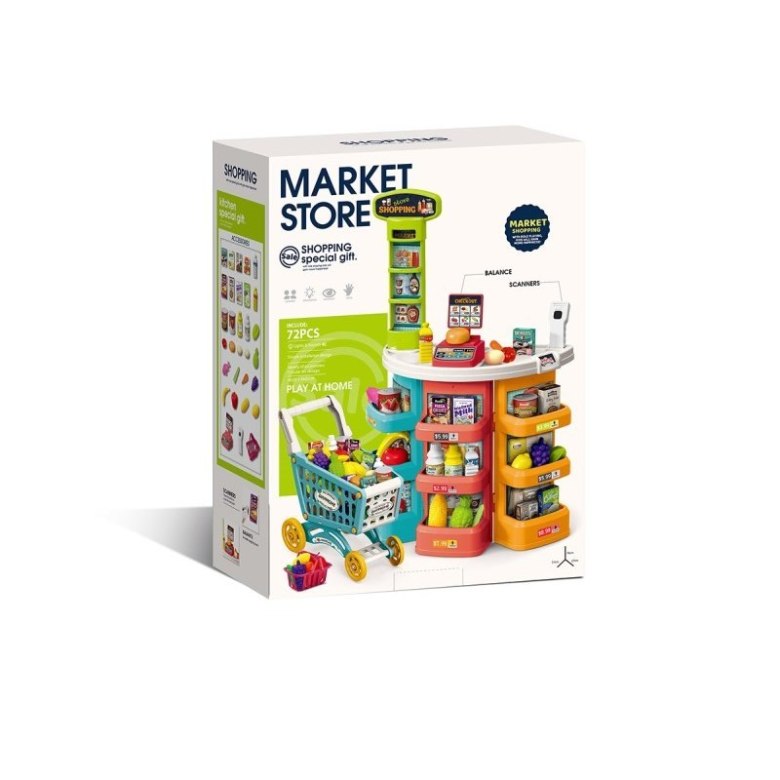 Zabawka Market Store – kolorowy sklep z wózkiem i produktami spożywczymi, interaktywny zestaw do zabawy w sklep dla dzieci