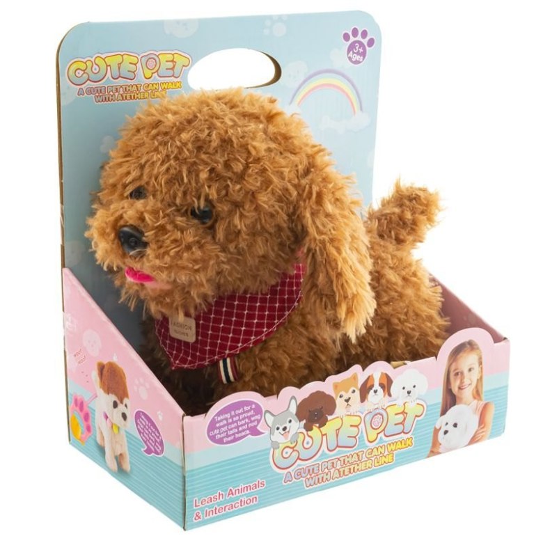 Pluszowy piesek sterowany na smyczy, brązowy, w czerwonej chustce, zabawka interaktywna dla dzieci Cute Pet