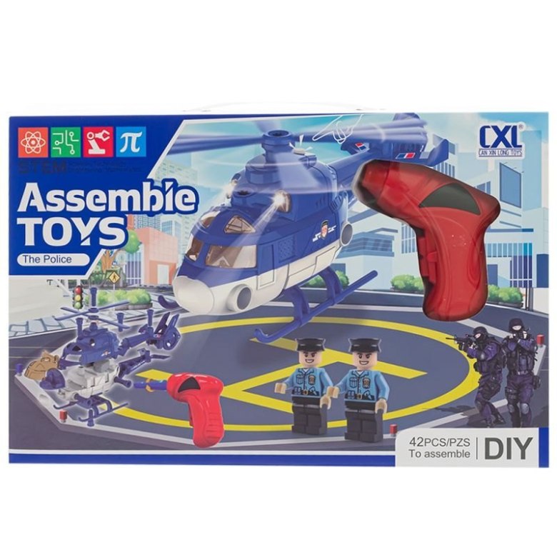 Zestaw policyjny helikopter do skręcania DIY z wiertarką i figurkami – edukacyjna zabawka konstrukcyjna dla dzieci
