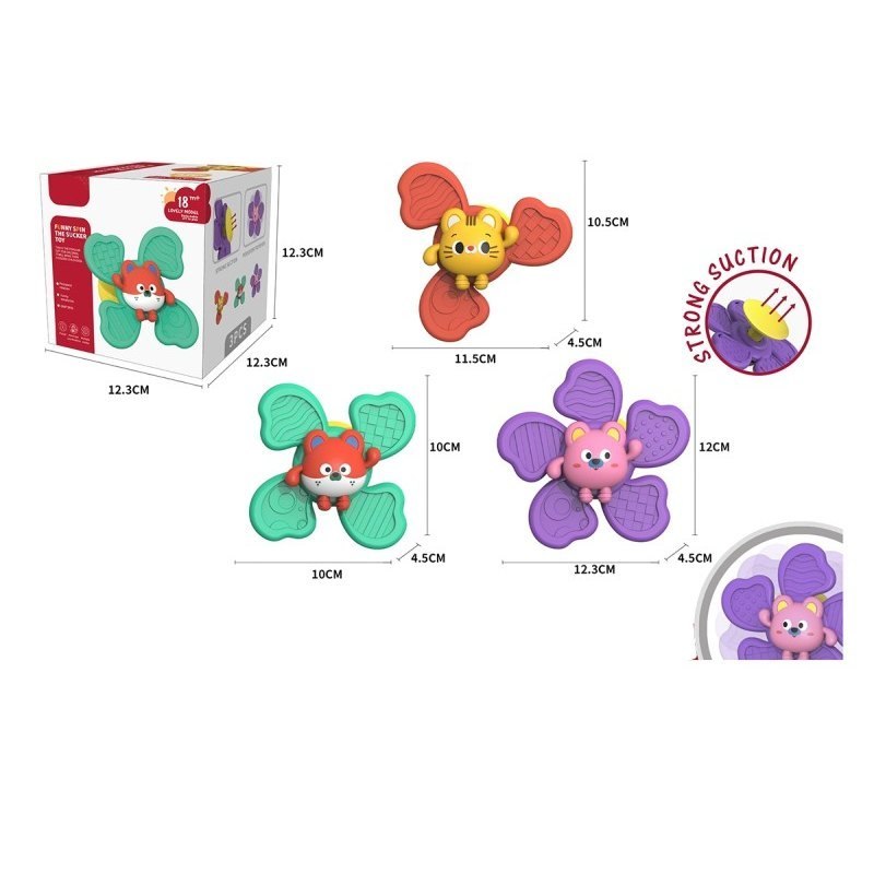 Zabawka spinner w kształcie kwiatka ze zwierzątkami – lisek, tygrysek i różowy miś, z przyssawką i obrotowymi skrzydełkami