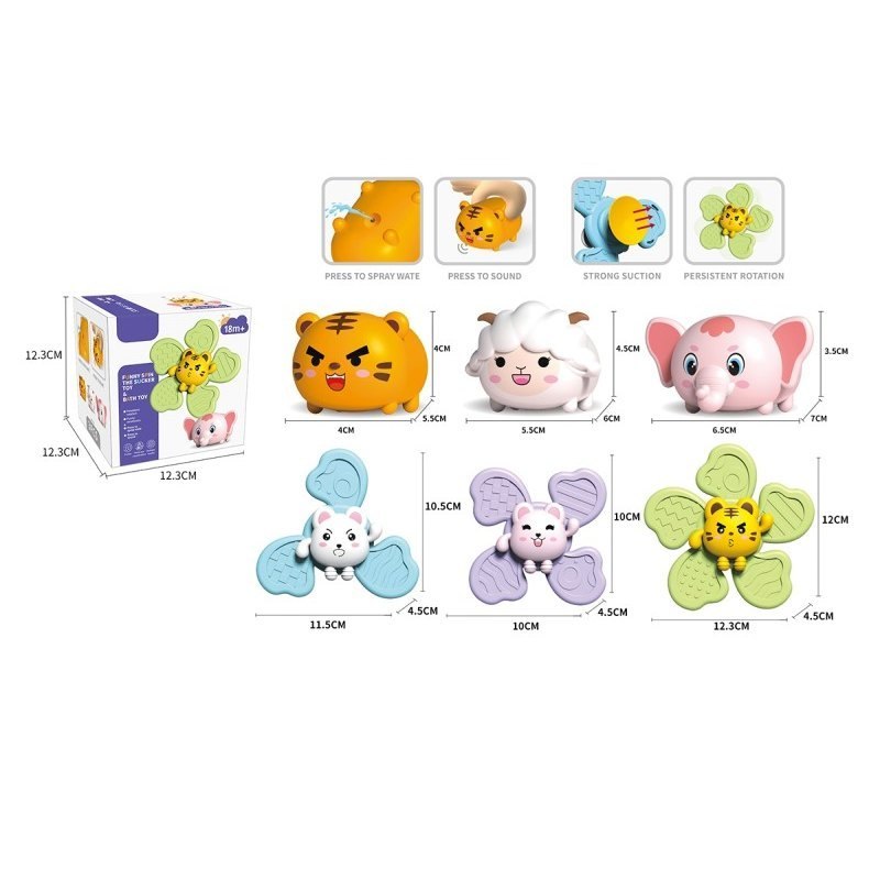 Kolorowa zabawka spinner w kształcie kwiatka ze zwierzątkami – tygrysek, owieczka, słonik i króliczek, z funkcją przyssawki i obrotu