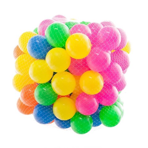 Zestaw kolorowych plastikowych piłeczek dla dzieci w siatce, w żywych barwach żółtych, różowych, zielonych, niebieskich i pomarańczowych, ułożonych w kulisty kształt