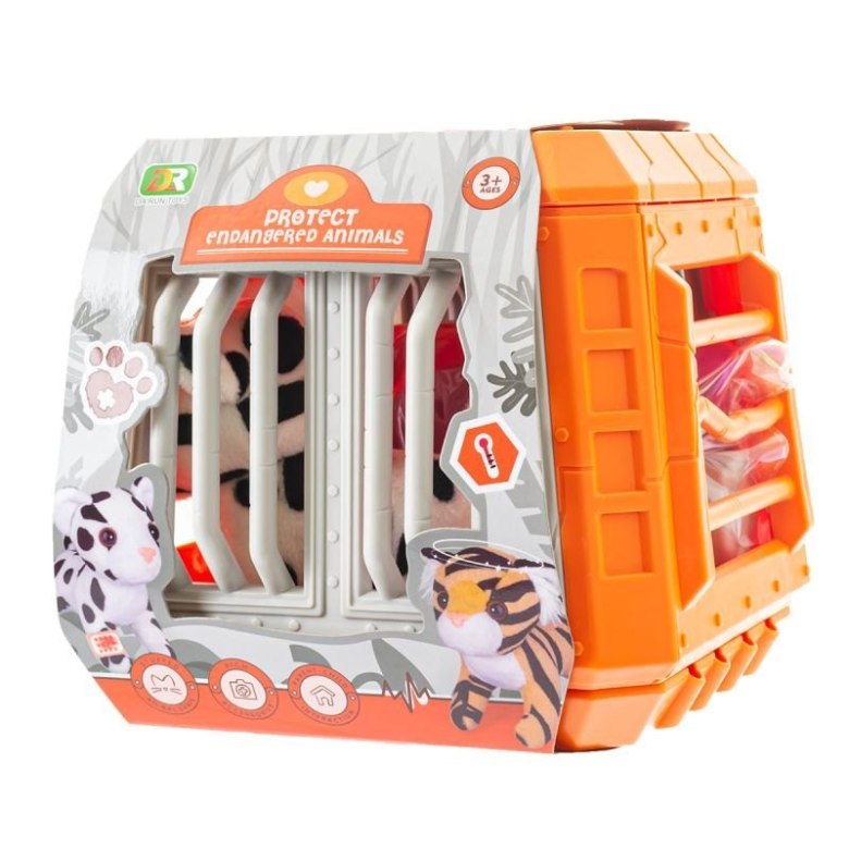 Pomarańczowy transporter dla zwierząt zabawkowy z pluszowym tygryskiem i lampartem – zestaw do zabawy i opieki nad pupilami
