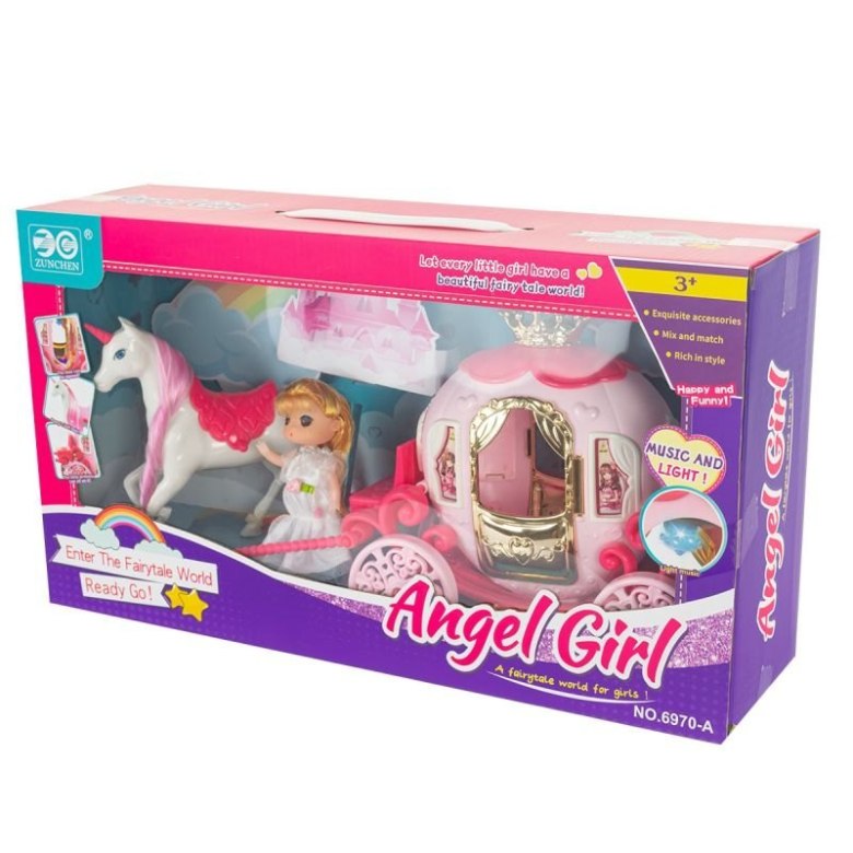 Zestaw Angel Girl – różowa kareta z jednorożcem i księżniczką w pudełku prezentowym
