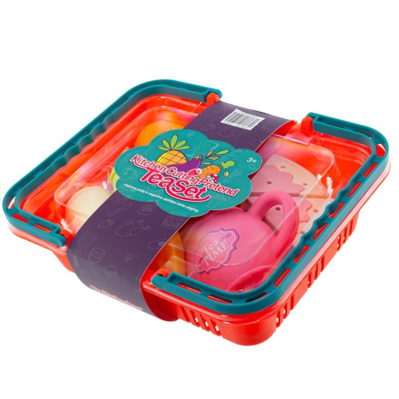 Kolorowy zestaw do herbaty w koszyku – filiżanki, dzbanek i akcesoria kuchenne dla dzieci
