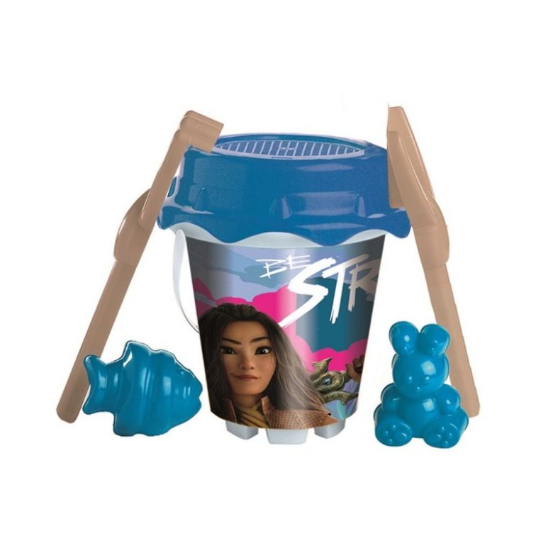 Zestaw do piasku Raya – komplet plażowy z wiaderkiem, łopatką, grabkami i foremkami z motywem bohaterki Raya