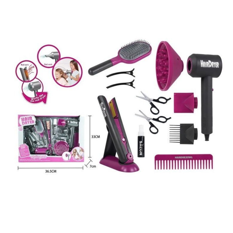 Zestaw fryzjerski dla dziewczynek – suszarka, prostownica, grzebień i akcesoria do stylizacji włosów
