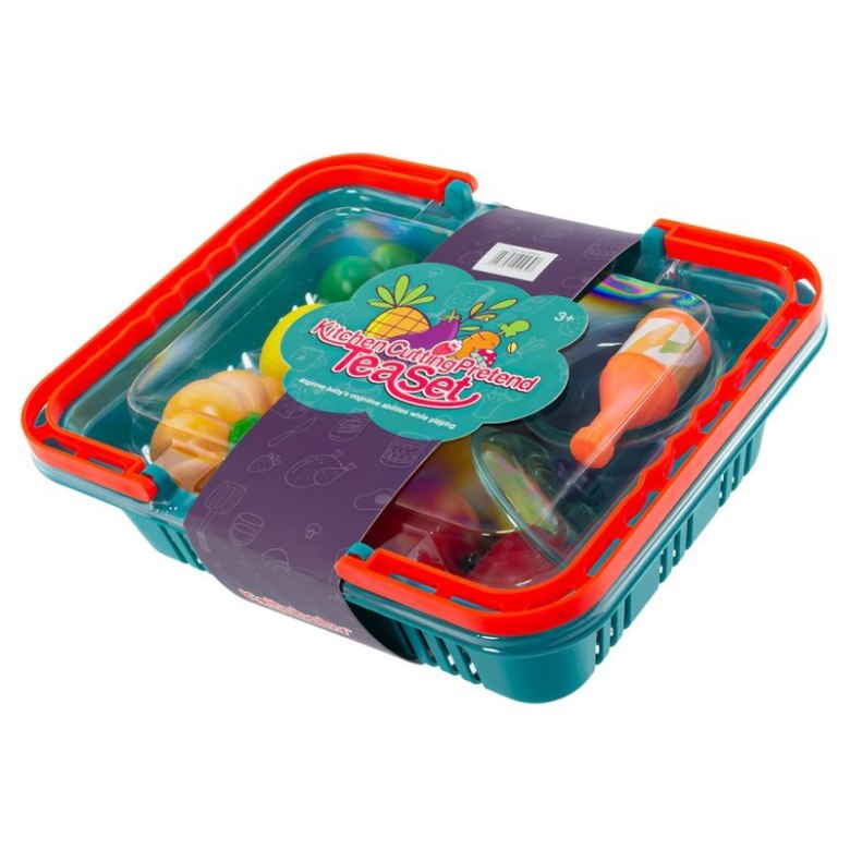 Zestaw herbaciany dla dzieci w koszyku – filiżanki, owoce i akcesoria kuchenne do zabawy
