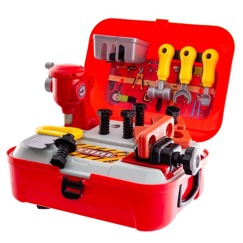 Czerwony zestaw majsterkowicza w walizce z narzędziami i akcesoriami – zabawka edukacyjna dla małych konstruktorów
