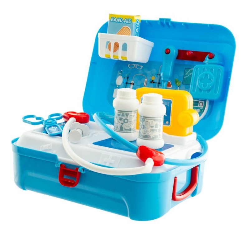 Niebieski zestaw medyczny w walizce z akcesoriami lekarskimi – zabawka edukacyjna dla małego lekarza
