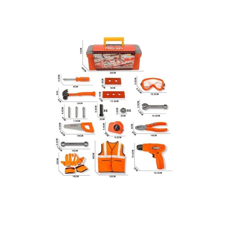Zestaw narzędzi w skrzynce Tool Set – komplet dla małego majsterkowicza z wiertarką, piłą, okularami ochronnymi i kamizelką