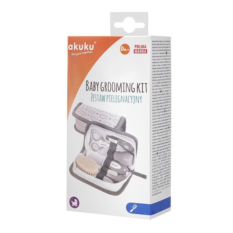 Zestaw pielęgnacyjny Akuku Grey w pudełku – praktyczny komplet do pielęgnacji niemowląt w eleganckim opakowaniu Baby Grooming Kit