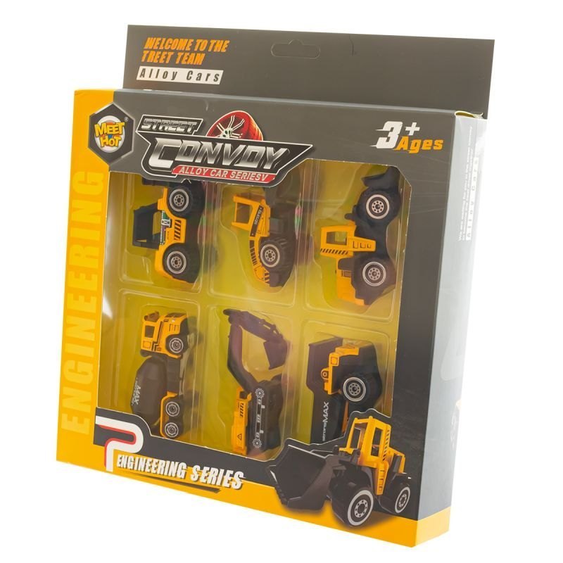 Zestaw 6 metalowych pojazdów budowlanych Engineering Series – koparki, wywrotki i spychacze dla dzieci 3+