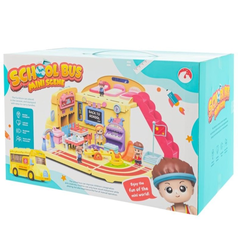 Zabawka School Bus Mini Scene – kolorowy zestaw szkolny z autobusem, klasą i figurkami uczniów
