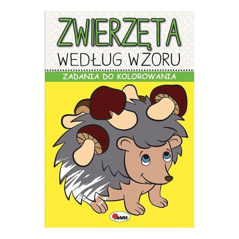 Kolorowanka „Zwierzęta według wzoru” – jeż z grzybami na grzbiecie na żółtym tle, książka z zadaniami do kolorowania.
