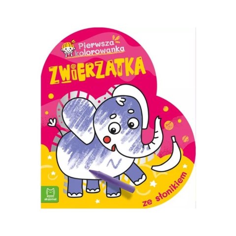 Okładka książeczki „Zwierzątka – pierwsza kolorowanka ze słonikiem”, kolorowy słoń do malowania dla maluchów.
