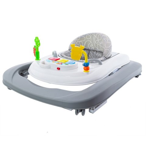 Składany szaro-biały chodzik dla dziecka z miękkim siedziskiem i interaktywnym panelem z zabawkami, przedstawiony na białym tle.