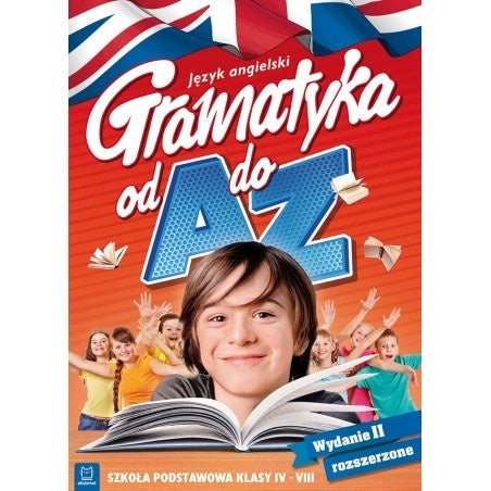 Gramatyka od A do Z – książka do nauki języka angielskiego dla uczniów szkoły podstawowej, z ilustracją dzieci i książki
