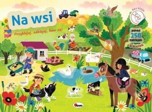 Kolorowanka Na wsi – dzieci bawią się ze zwierzętami na farmie, liczne zwierzęta i postacie na zielonej łące, edukacyjna zabawa dla dzieci
