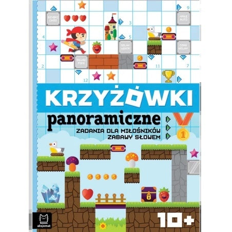 Krzyżówki panoramiczne – książeczka edukacyjna dla dzieci, zadania słowne i łamigłówki, kolorowa plansza z postaciami i elementami gry
