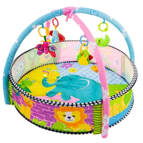 Kolorowa mata edukacyjna w formie basenu dla niemowląt z wysokimi ściankami, pałąkami i wiszącymi zabawkami w motywach zwierząt.