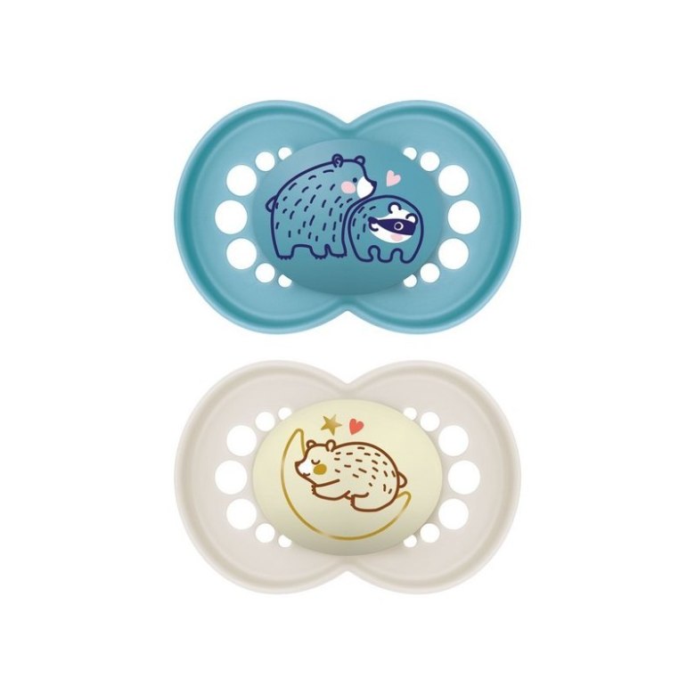 Smoczki MAM Original 6+, niebieski z niedźwiedziem i borsukiem oraz kremowy z jeżem na księżycu