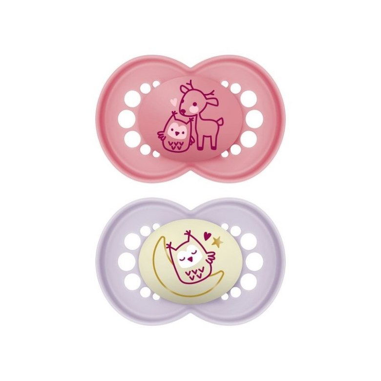 Smoczki MAM Original 6+, różowy z sarenką i sową oraz liliowy z sową na księżycu