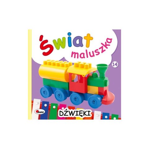 Świat Maluszka – książeczka edukacyjna Dźwięki z ilustracją kolorowego pociągu i elementów edukacyjnych dla dzieci

