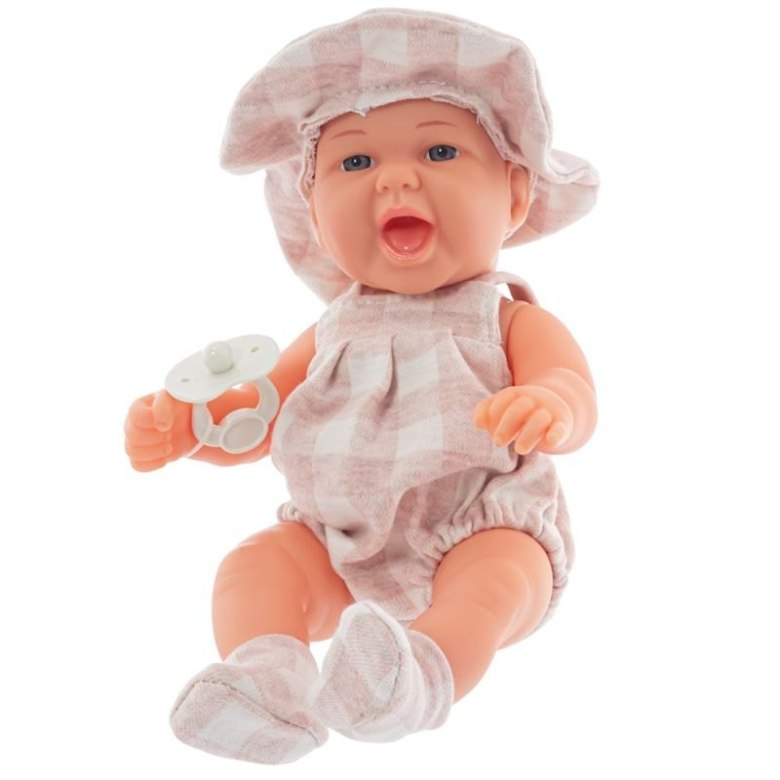 Lalka niemowlę 8809-8 w różowym stroju, siedząca z smoczkiem w ręku
