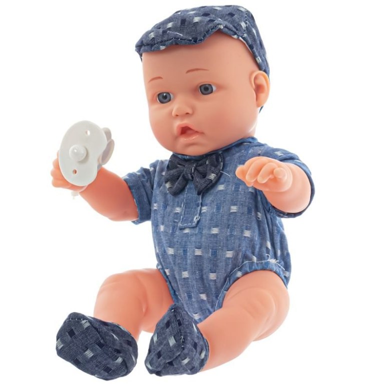 Lalka chłopiec w niebieskim ubranku z czapką i smoczkiem
